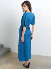 French Connection Zaves Chambray Patterned Pin Tuck Sleeve Midi Dress - Image 2 of 5