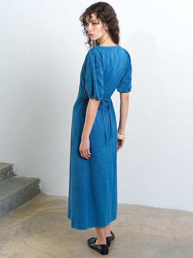 French Connection Zaves Chambray Patterned Pin Tuck Sleeve Midi Dress - Image 2 of 5