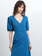 French Connection Zaves Chambray Patterned Pin Tuck Sleeve Midi Dress - Image 3 of 5