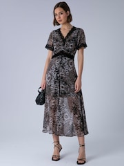 Religion Brown Millie V-Neck Midi Occasion Dress In Animal Print With Lace Inserts - Image 1 of 6
