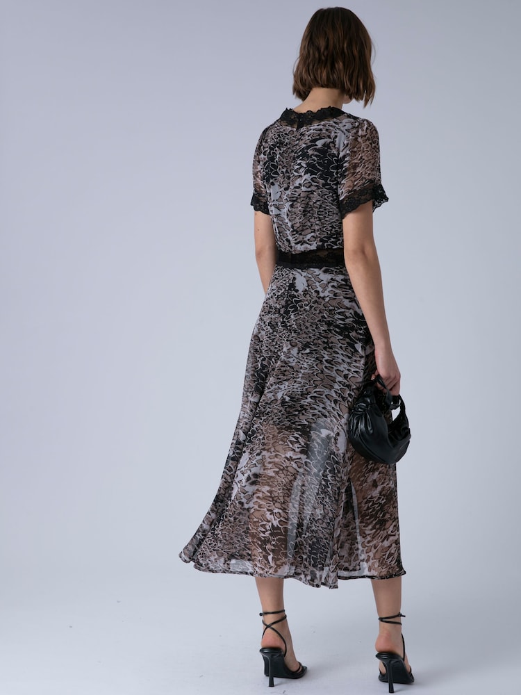 Religion Brown Millie V-Neck Midi Occasion Dress In Animal Print With Lace Inserts - Image 2 of 6