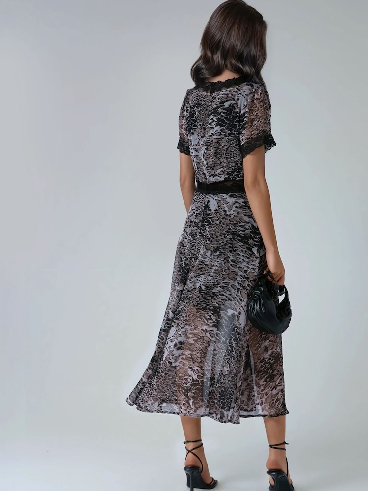Religion Brown Millie V-Neck Midi Occasion Dress In Animal Print With Lace Inserts - Image 7 of 7