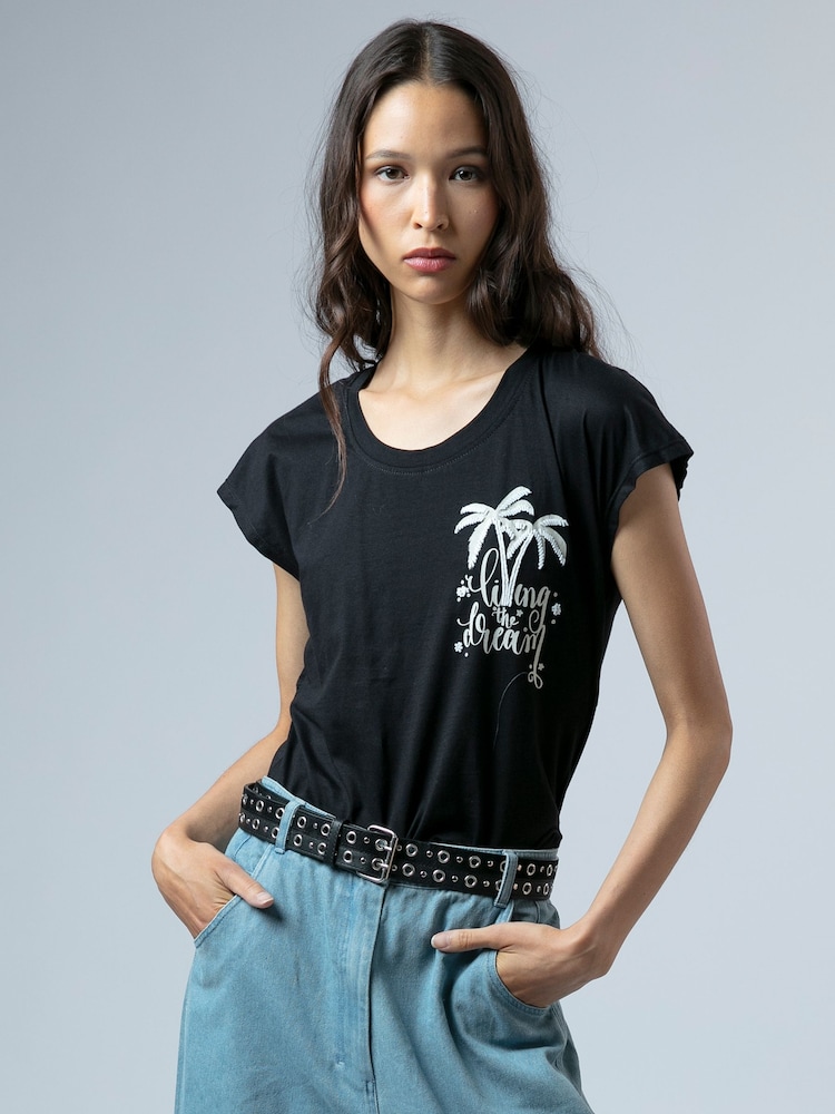 Religion Black Cute Fitted Jersey Dream T-Shirt With Embellished Palm Tree - Image 1 of 6