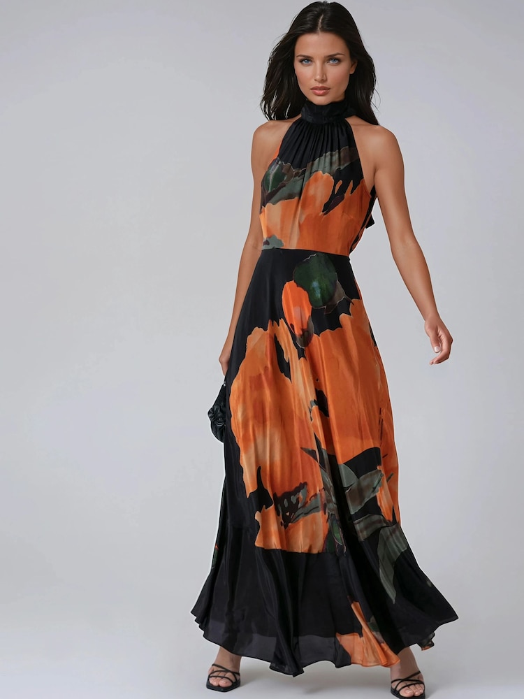 Womens Religion Orange Valeria Maxi Halter Neck Occasion Dress With Large Floral Print US 14 Womens Religion Orange Valeria Maxi Halter Neck Occasion Dress With Large Floral Print US 14