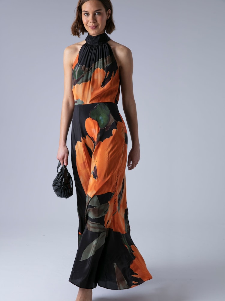 Womens Religion Orange Valeria Maxi Halter Neck Occasion Dress With Large Floral Print US 14