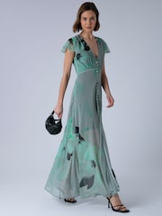 Religion Green Indium Maxi Tea Dress With Feminine Button Detail In Abstract - Image 1 of 7