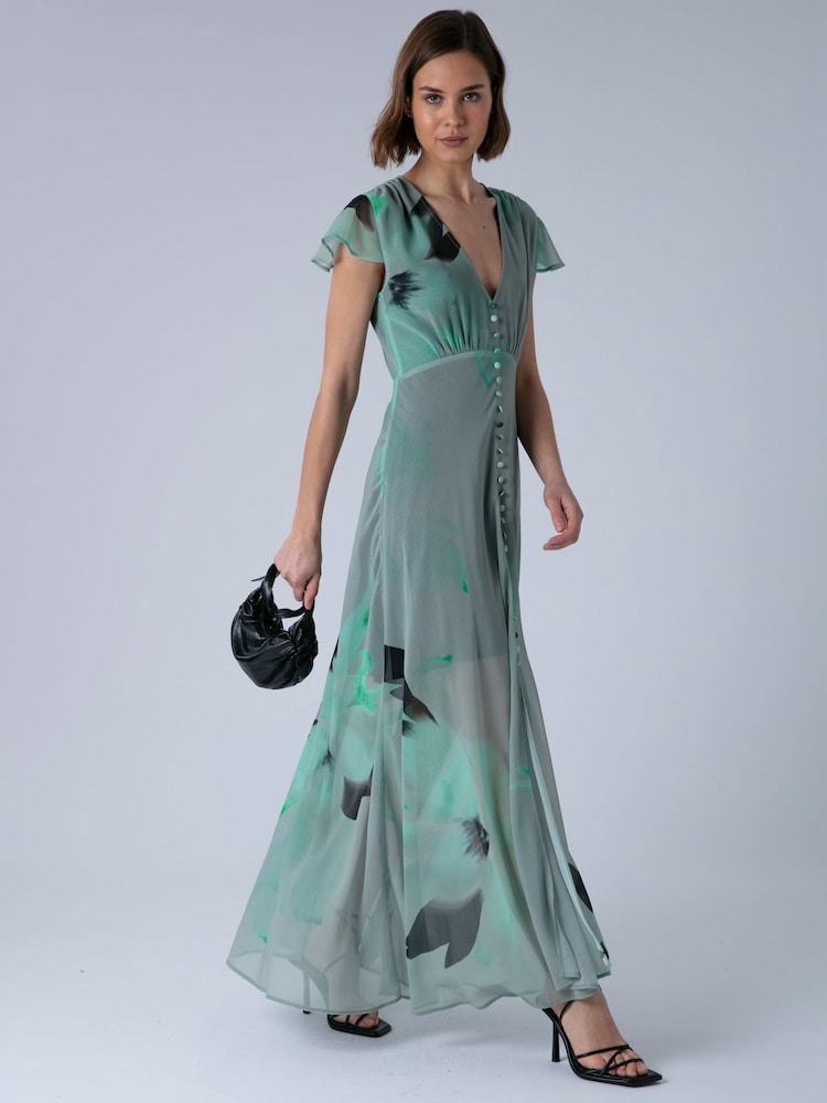 Religion Green Indium Maxi Tea Dress With Feminine Button Detail In Abstract - Image 1 of 7