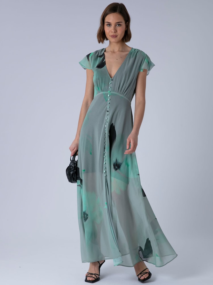 Religion Green Indium Maxi Tea Dress With Feminine Button Detail In Abstract - Image 2 of 7