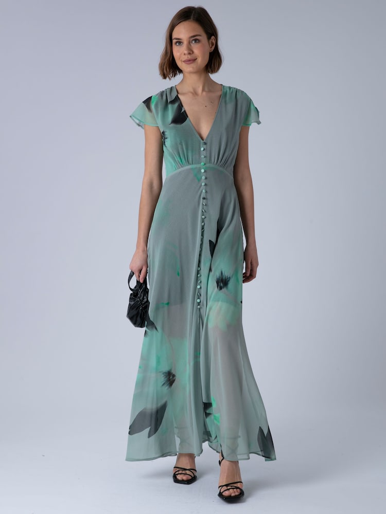 Religion Green Indium Maxi Tea Dress With Feminine Button Detail In Abstract - Image 7 of 7