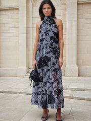 Religion Black Citrine Tiered Maxi Halter Neck Occasion Dress In Gold Jaquard With Tie Dye - Image 1 of 8