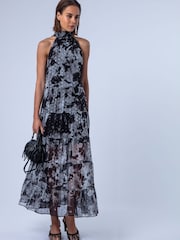 Religion Black Citrine Tiered Maxi Halter Neck Occasion Dress In Gold Jaquard With Tie Dye - Image 3 of 8