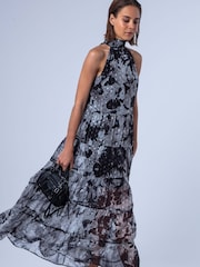 Religion Black Citrine Tiered Maxi Halter Neck Occasion Dress In Gold Jaquard With Tie Dye - Image 4 of 8