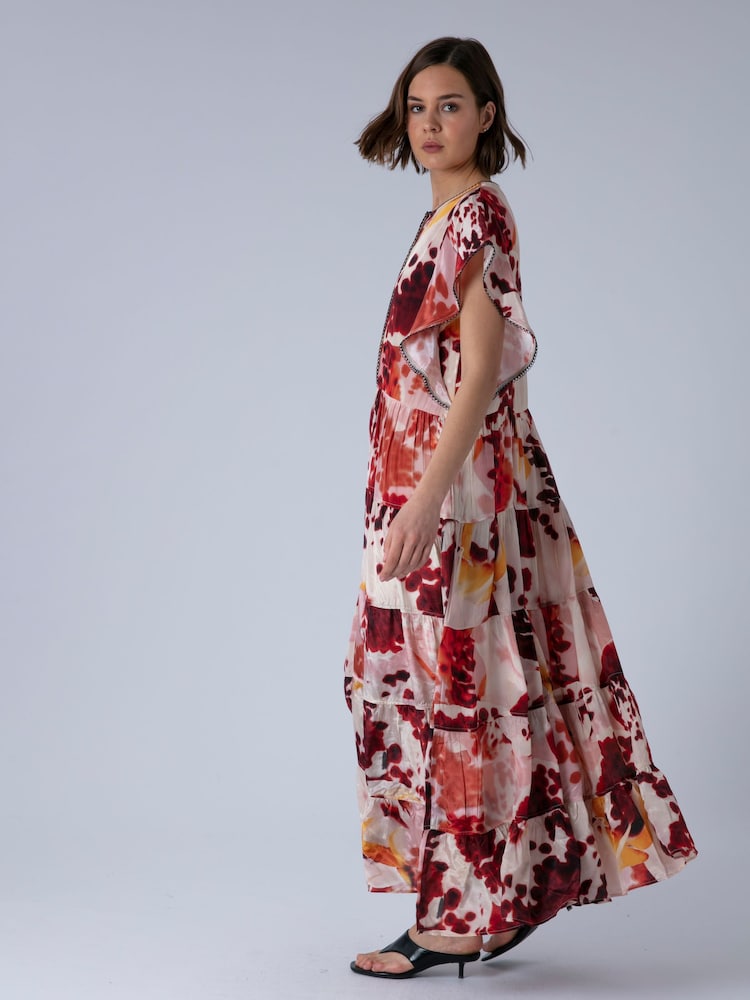 Religion Orange Ara Maxi Occasion Dress With Ruffle Sleeves And Lace Trim - Image 2 of 8