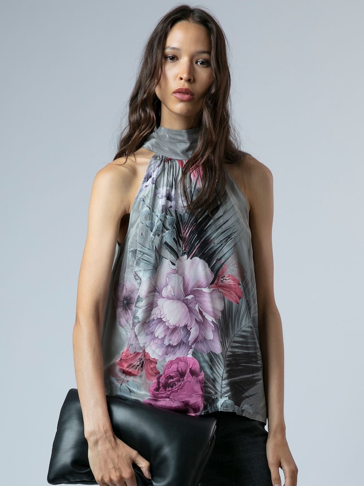 Religion Grey Lauren Halter Neck Top With Long Sash In Beautiful Floral Print - Image 2 of 6