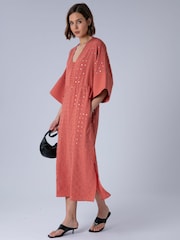 Religion Orange Long Line Helena Kaftan Occasion Dress with All Over Sequin Pattern and Tassle Tie Waist Band - Image 1 of 8