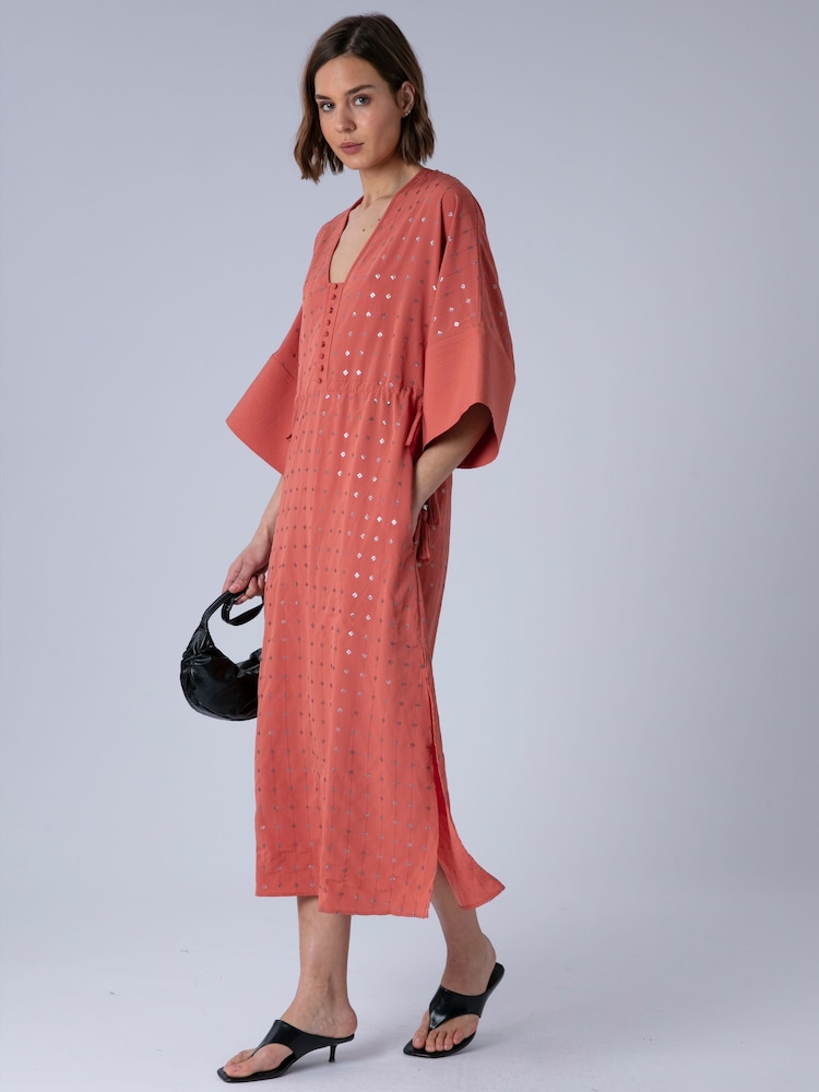 Religion Orange Long Line Helena Kaftan Occasion Dress with All Over Sequin Pattern and Tassle Tie Waist Band - Image 1 of 8