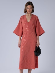 Religion Orange Long Line Helena Kaftan Occasion Dress with All Over Sequin Pattern and Tassle Tie Waist Band - Image 4 of 8