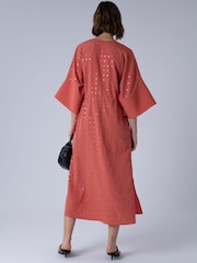 Religion Orange Long Line Helena Kaftan Occasion Dress with All Over Sequin Pattern and Tassle Tie Waist Band - Image 5 of 8