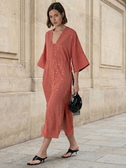 Religion Orange Long Line Helena Kaftan Occasion Dress with All Over Sequin Pattern and Tassle Tie Waist Band - Image 6 of 8