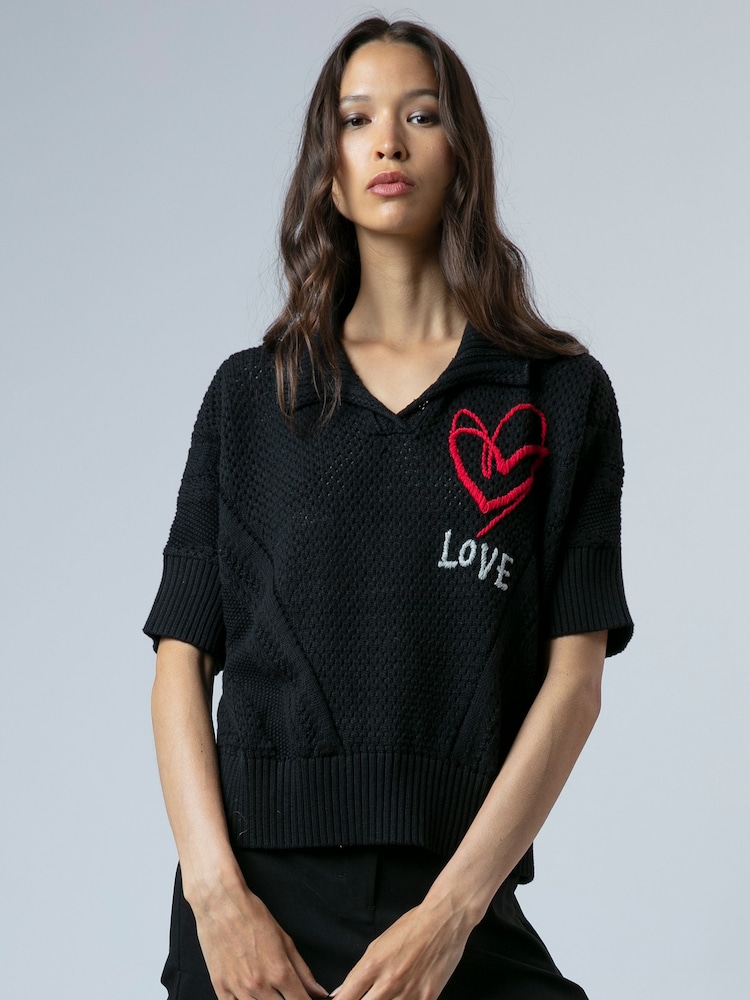 Religion Black Eloise Neck Crochet Short Sleeved Knit Polo Shirt With Love Embroidery - Image 1 of 4