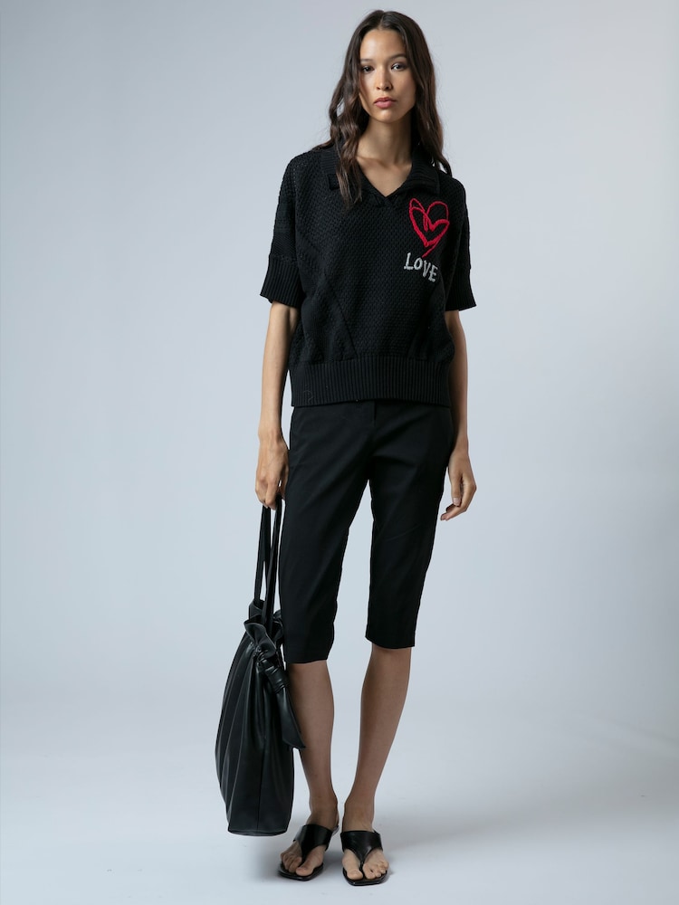Religion Black Eloise Neck Crochet Short Sleeved Knit Polo Shirt With Love Embroidery - Image 2 of 4