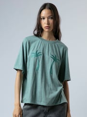 Religion Green Boxy T-Shirt In Overdyed Lime With No Sun No Fun Embroidery - Image 1 of 6