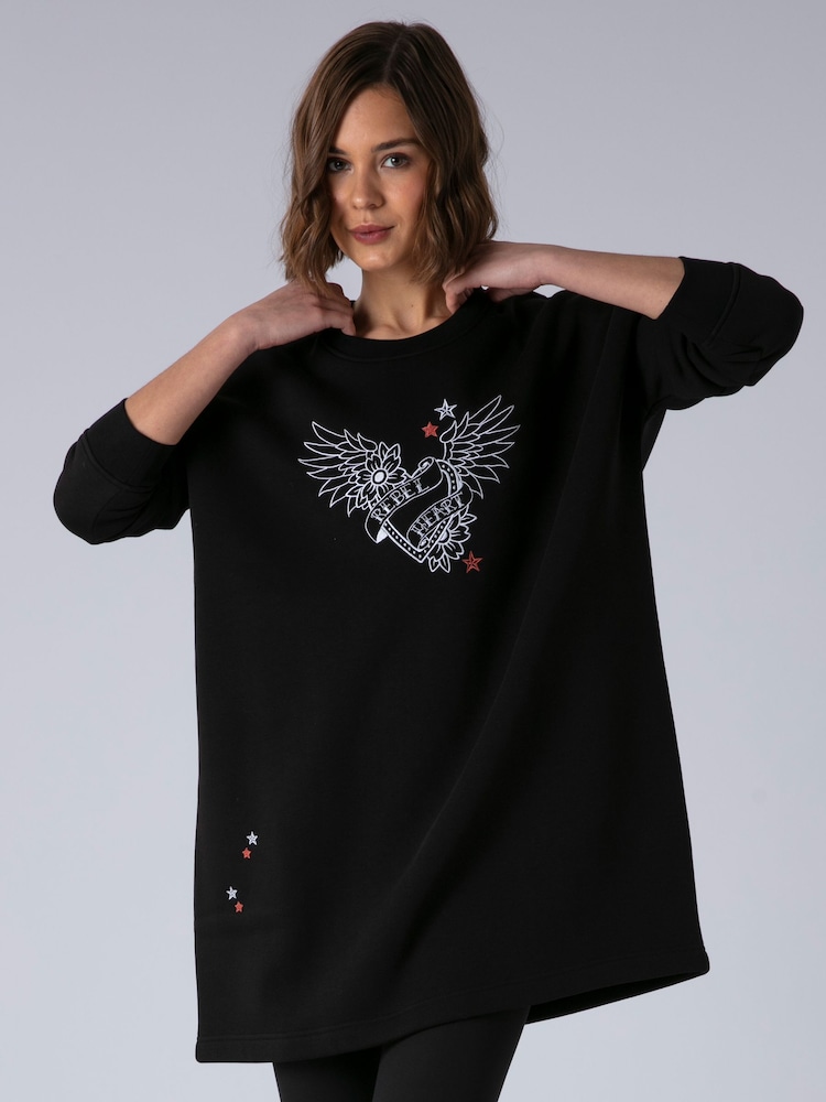 Religion Black Love Casual Sweatshirt Tunic Dress With Contrast Embroidery - Image 1 of 7