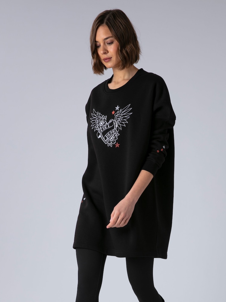Womens Religion Black/White Love Casual Sweatshirt Tunic Dress with Contrast Embroidery US 12