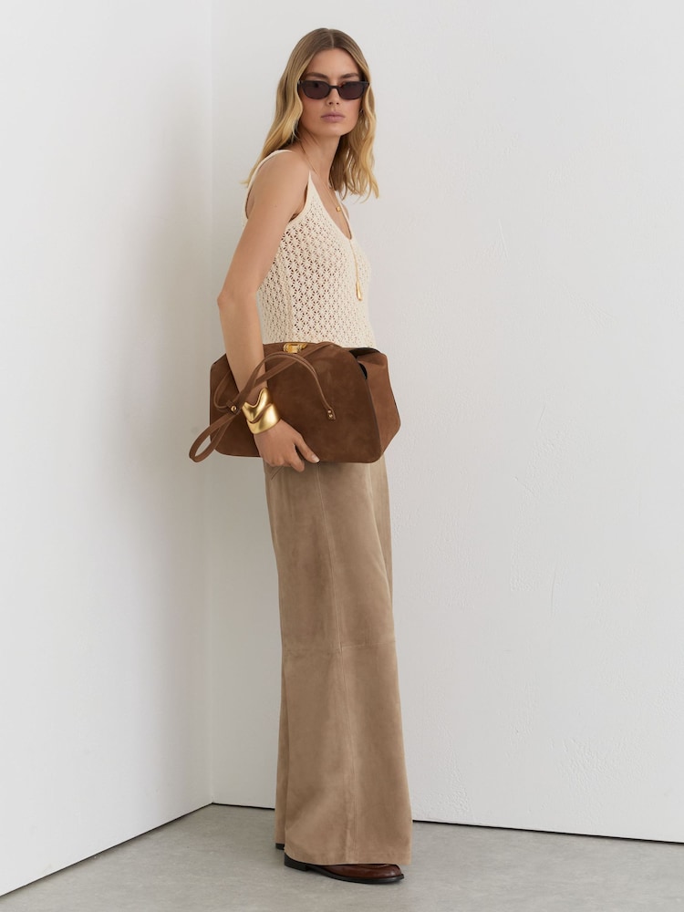 Reiss Sand Keria Petite Suede Wide-Leg Trousers - Image 1 of 7