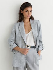 Reiss Pale Blue Meryl Linen-Blend Textured Double-Breasted Blazer - Image 1 of 5
