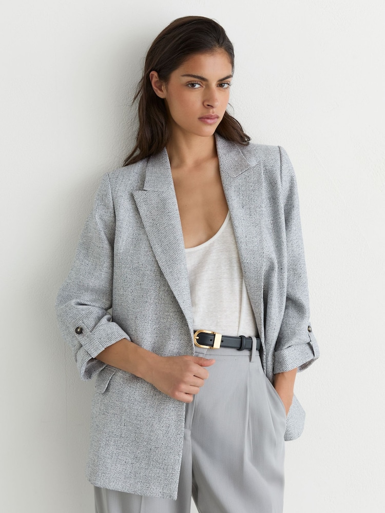 Reiss Pale Blue Meryl Linen-Blend Textured Double-Breasted Blazer - Image 1 of 5 Reiss Pale Blue Meryl Linen-Blend Textured Double-Breasted Blazer - Image 1 of 5