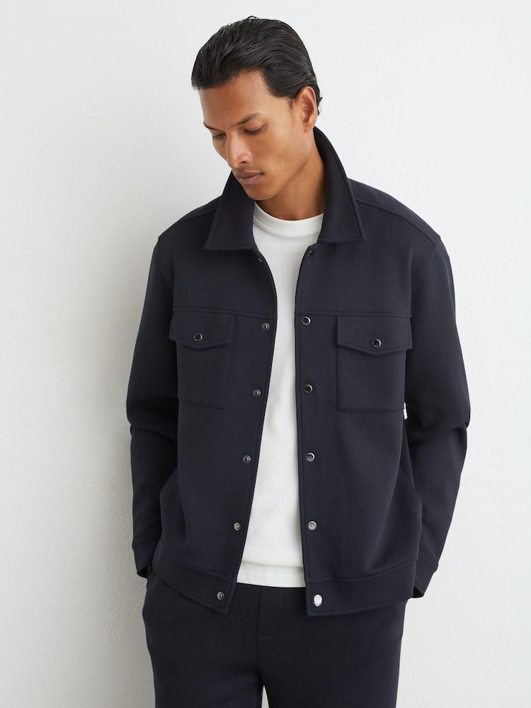 Reiss Navy Thom Premium Interlock Twin-Pocket Overshirt - Image 1 of 6