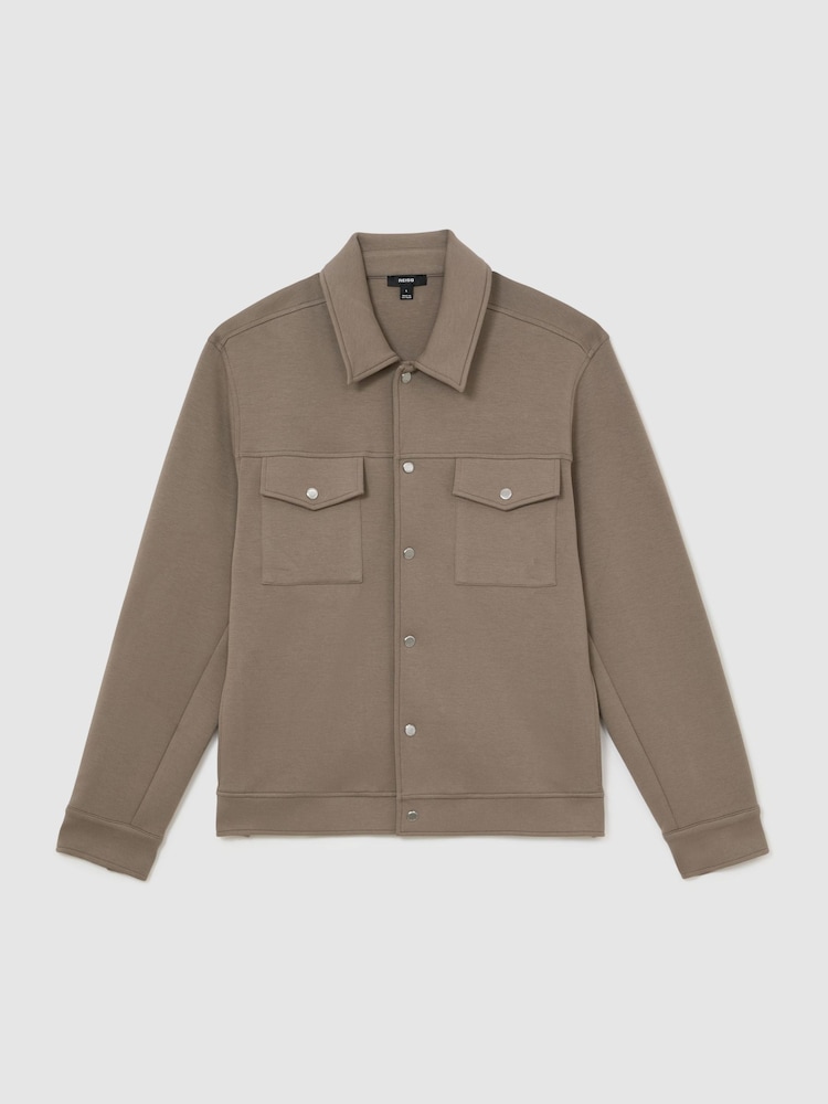 Reiss Mushroom Brown Thom Premium Interlock Twin-Pocket Overshirt - Image 2 of 7 Reiss Mushroom Brown Thom Premium Interlock Twin-Pocket Overshirt - Image 2 of 7