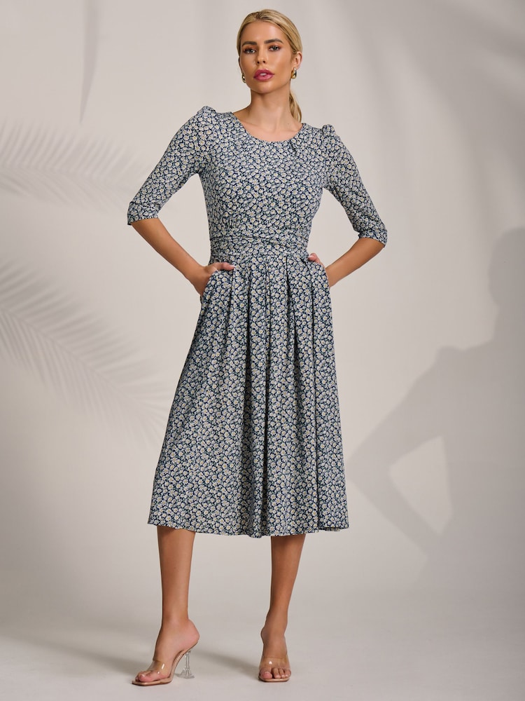 Jolie Moi Blue Sleeve Printed Jersey Midi Dress - Image 1 of 7 Jolie Moi Blue Sleeve Printed Jersey Midi Dress - Image 1 of 7