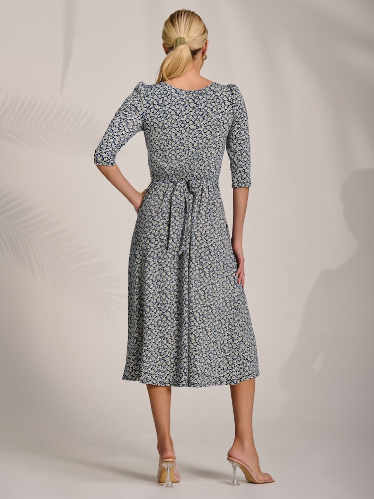 Jolie Moi Blue Sleeve Printed Jersey Midi Dress - Image 2 of 7 Jolie Moi Blue Sleeve Printed Jersey Midi Dress - Image 2 of 7
