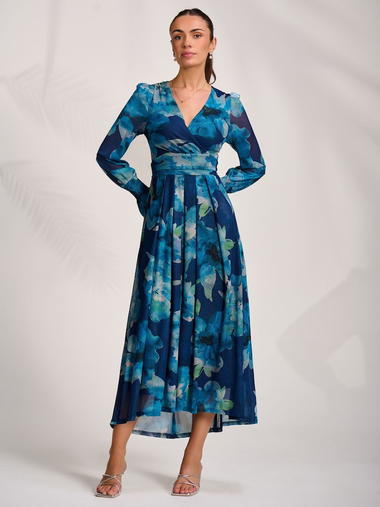 Jolie Moi Blue Long Sleeve V-Neck Mesh Maxi Dress - Image 1 of 7 Jolie Moi Blue Long Sleeve V-Neck Mesh Maxi Dress - Image 1 of 7
