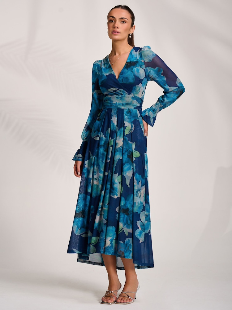 Jolie Moi Blue Long Sleeve V-Neck Mesh Maxi Dress - Image 2 of 7 Jolie Moi Blue Long Sleeve V-Neck Mesh Maxi Dress - Image 2 of 7