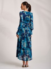Jolie Moi Blue Long Sleeve V-Neck Mesh Maxi Dress - Image 3 of 7