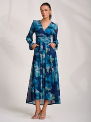 Jolie Moi Blue Long Sleeve V-Neck Mesh Maxi Dress - Image 5 of 7