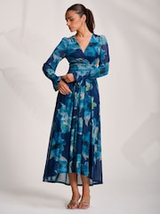 Jolie Moi Blue Long Sleeve V-Neck Mesh Maxi Dress - Image 6 of 7