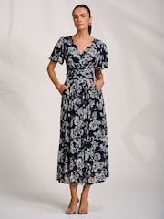 Jolie Moi Blue Puff Sleeve Printed Lace Maxi Dress - Image 1 of 7