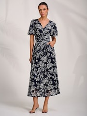 Jolie Moi Blue Puff Sleeve Printed Lace Maxi Dress - Image 4 of 7