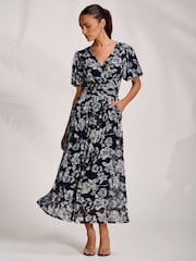 Jolie Moi Blue Puff Sleeve Printed Lace Maxi Dress - Image 5 of 7