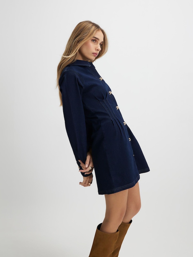 long sleeve cinch waist mini dress in dark blue denim The Easton Cinched Waist Denim Mini Dress