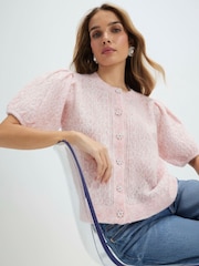 River Island Pink Bubble Sleeve Pearl Button Cardigan - Image 1 of 4