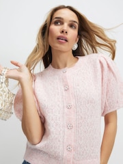 River Island Pink Bubble Sleeve Pearl Button Cardigan - Image 2 of 4