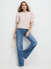 River Island Pink Bubble Sleeve Pearl Button Cardigan - Image 3 of 4