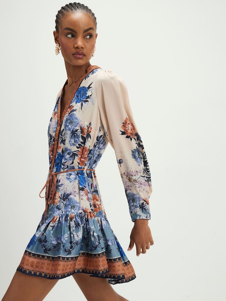 River Island Blue Floral Print V-Neck Belted Mini Dress - Image 1 of 4