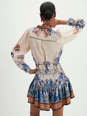 River Island Blue Floral Print V-Neck Belted Mini Dress - Image 3 of 4