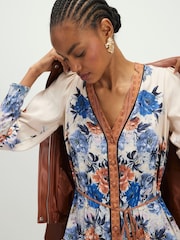 River Island Blue Floral Print V-Neck Belted Mini Dress - Image 4 of 4